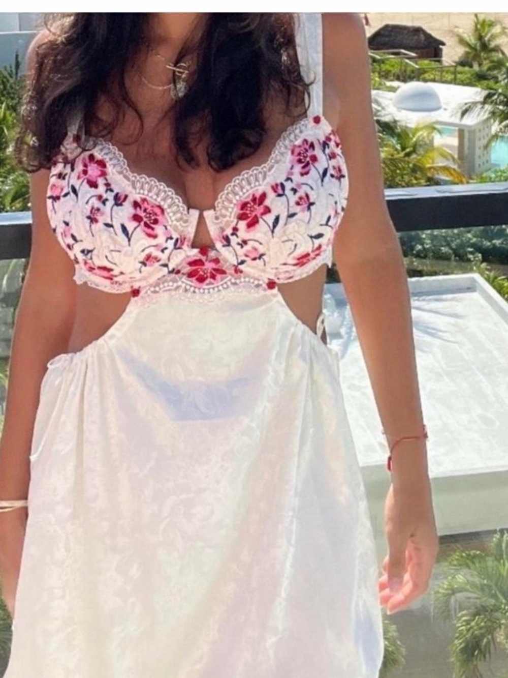 For Love & Lemons White Mini Dress with Pink Floral Embroidered Bodice